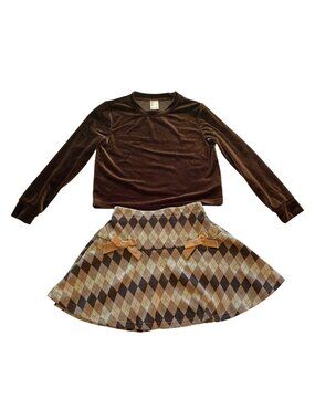 Pat Pat Girls Size 7-8Y 2-Piece Set: Brown Velvet Top & Argyle Pull On Skirt